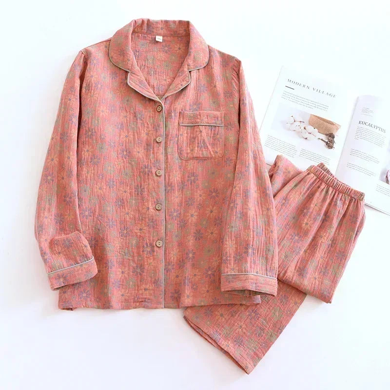 KAELAH new spring and summer women's pajamas suit long-sleeved trousers two-piece crepe flower