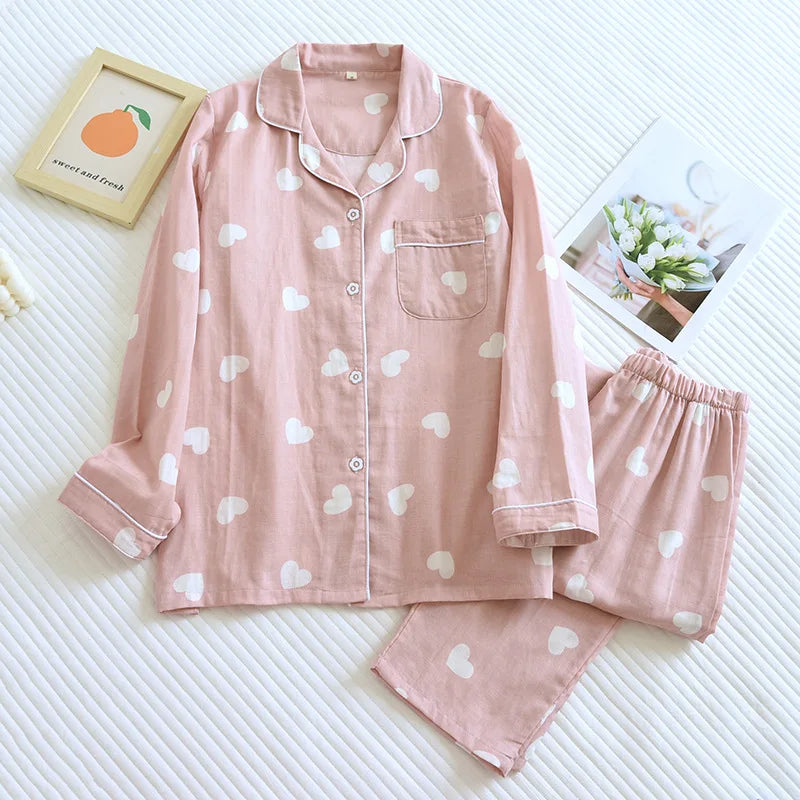 KAELAH Love Heart Print Sweet Sleepwear Spring Autumn Nightwear