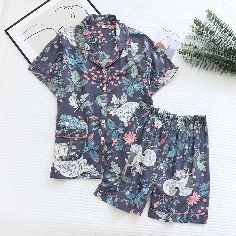 KAELAH cute cartoon floral viscose fiber pajamas two-piece long-sleeved home cotton