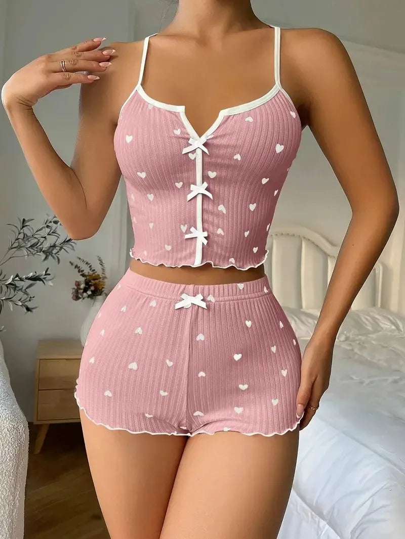 KAELAH Heart Print Pajama Set for Women Sleepwear Silk Stain V-Neck Sleeveless Casual