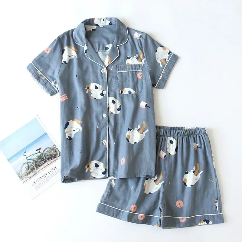 KAELAH Japanese simple short pyjamas womencotton short sleeves ladies