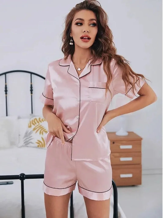 KAELAH Silk Satin Pajamas Set Women Sleepwear Button-Down Short Sleeve Tops