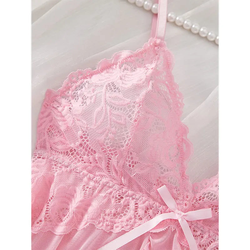 KAELAH Cute Suspender Summer Ultra-thin Nightgown Lace Thong Sets Women's Sexy Pyjamas Lingerie