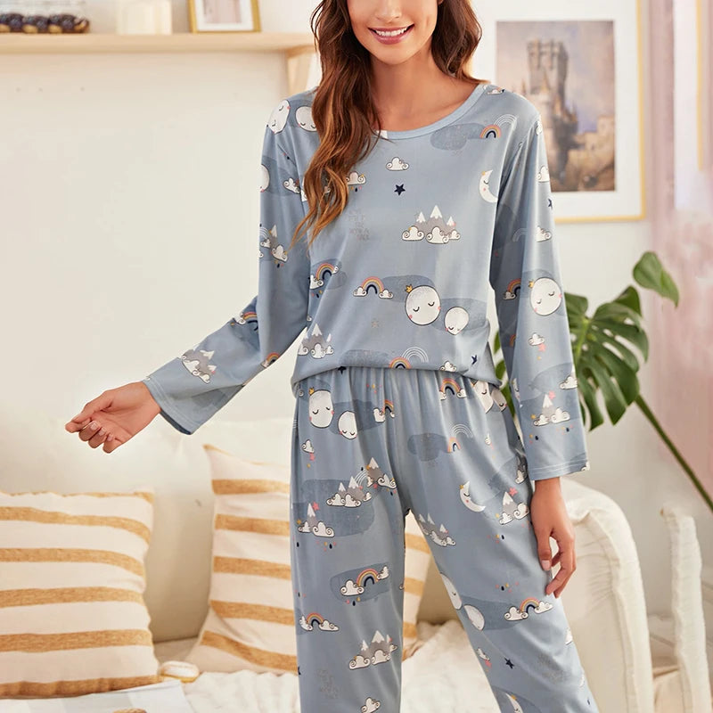KAELAH Cartoon Print Pajama Set Short Sleeve Top Long Pants Soft Comfortable Sleepwear