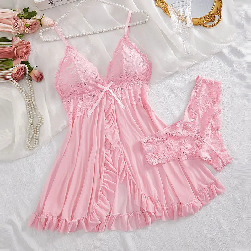 KAELAH Cute Suspender Summer Ultra-thin Nightgown Lace Thong Sets Women's Sexy Pyjamas Lingerie