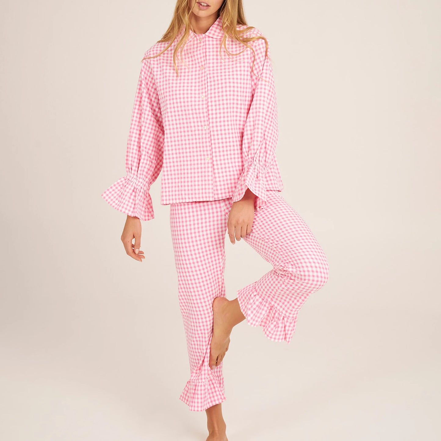 KAELAH Women Y2k Pajama Set Plaid Flare Cuff Long Sleeve