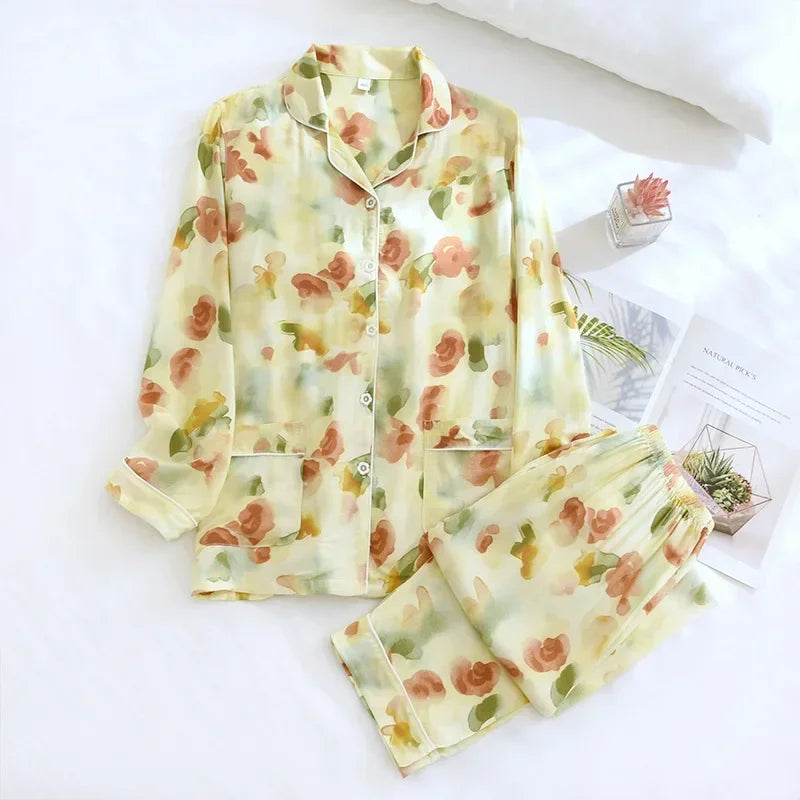 KAELAH cute cartoon floral viscose fiber pajamas two-piece long-sleeved home cotton