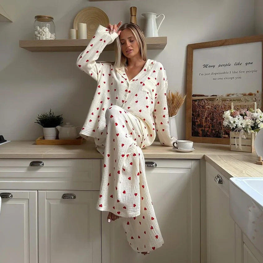 KAELAH New Love Heart Print Pyjama Cotton Long Sleeve Set