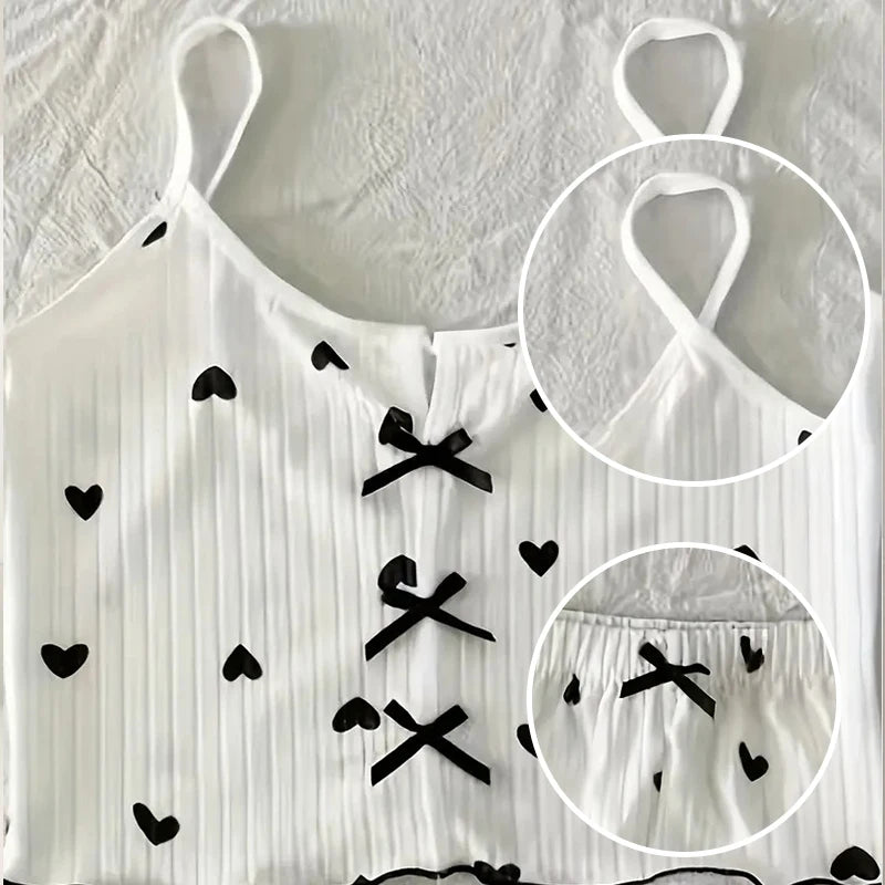KAELAH Suspender Pajamas with Heart-Shaped Print Two-Piece Set Summer Comfortable