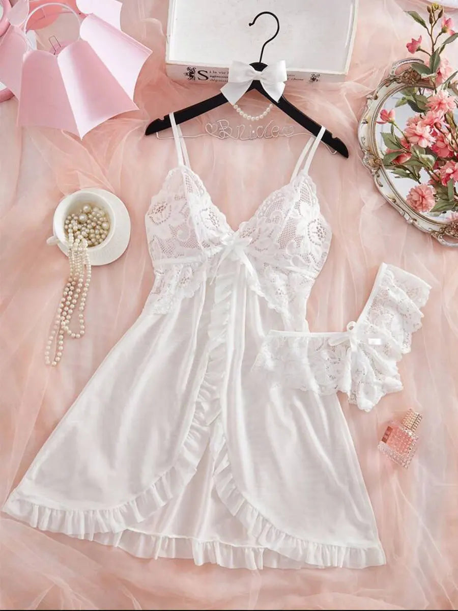 KAELAH Set Pink Cute Sweet Nightdress And Panty Pijamas Suit Sleeveless Halter