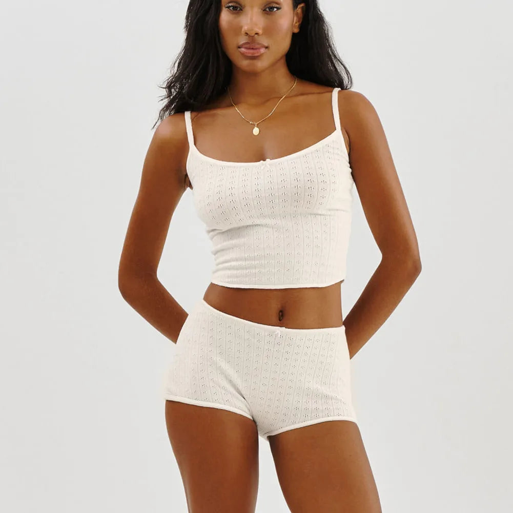 KALEAH Cotton Lounge Set Long Sleeve/Spaghetti Strap Ribbed Knit Crop Top Bodycon