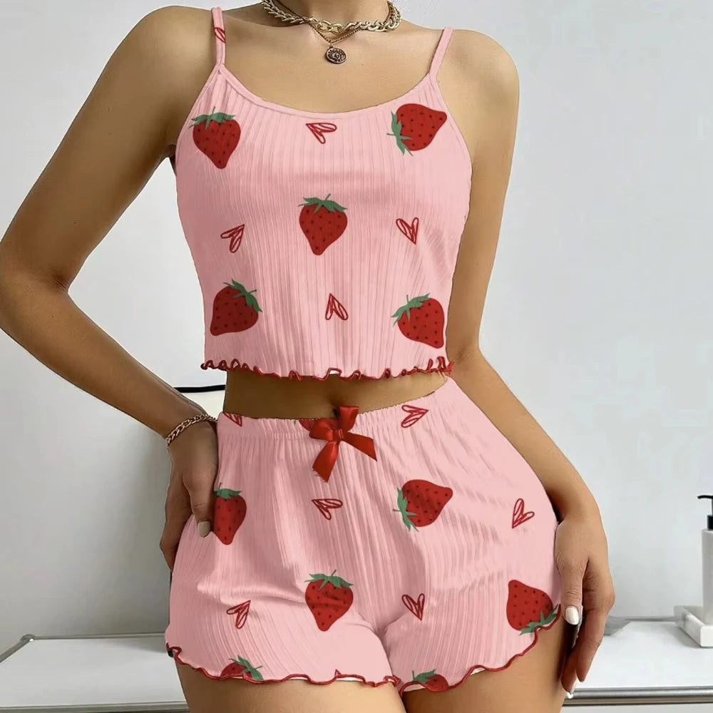 KAELAH Strawberry Print Ribbed Knit Ice Silk Camisole Pajama Set Comfortable