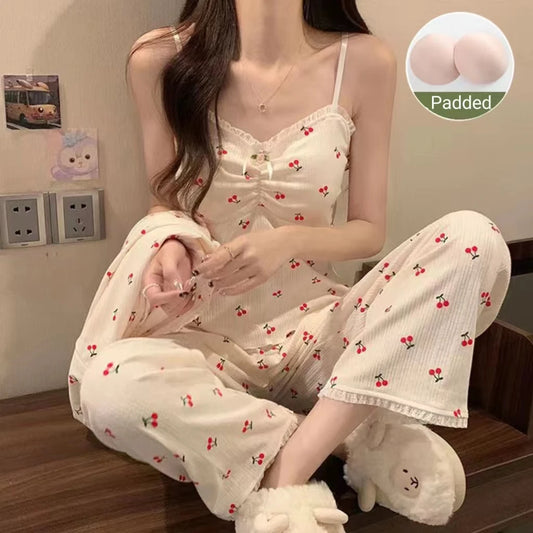 KAELAH Cherry Three-Piece Pajamas Female Long-Sleeved Sling Ladies