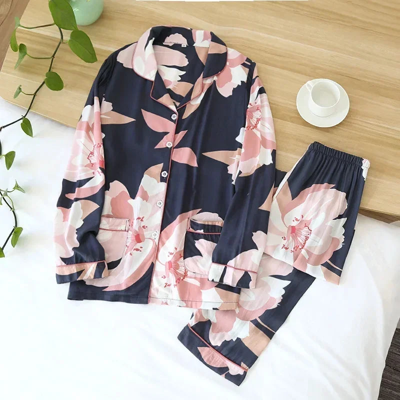 KAELAH cute cartoon floral viscose fiber pajamas two-piece long-sleeved home cotton