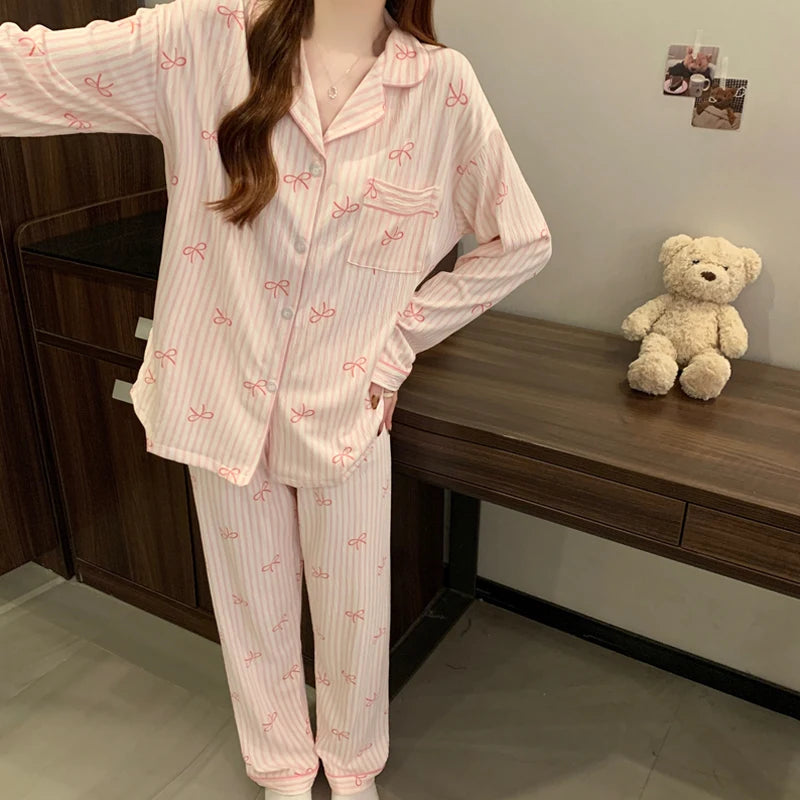 KAELAH Pink Bow Tie Design Pajamas for Women Long Sleeve Top & Elastic