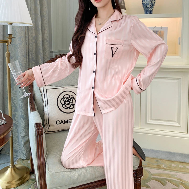 KAELAH Ice Silk Pajama Set Long Sleeve Long Pants Lightweight Sleepwear