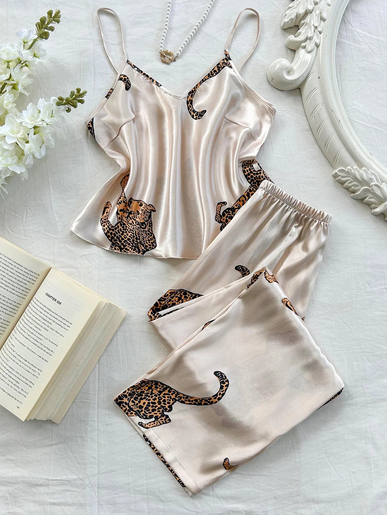 KAELAH Elegant V Neck Leopard Print Suspender Long Pants Pajama Set