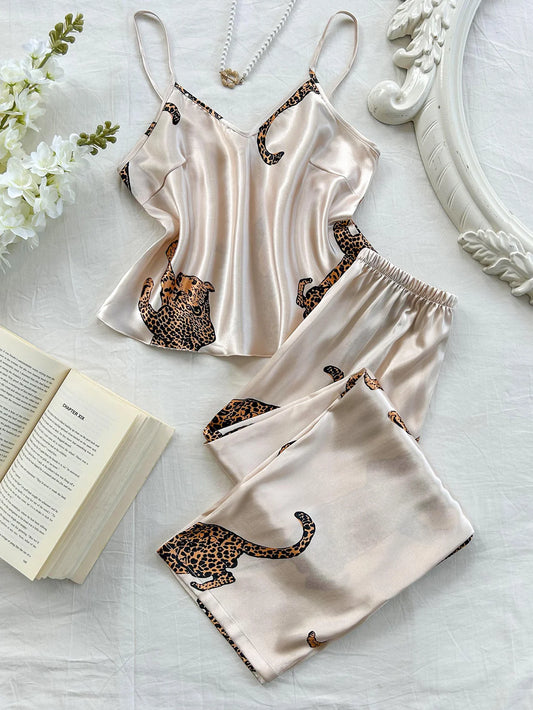 KAELAH Elegant V Neck Leopard Print Suspender Long Pants Pajama Set