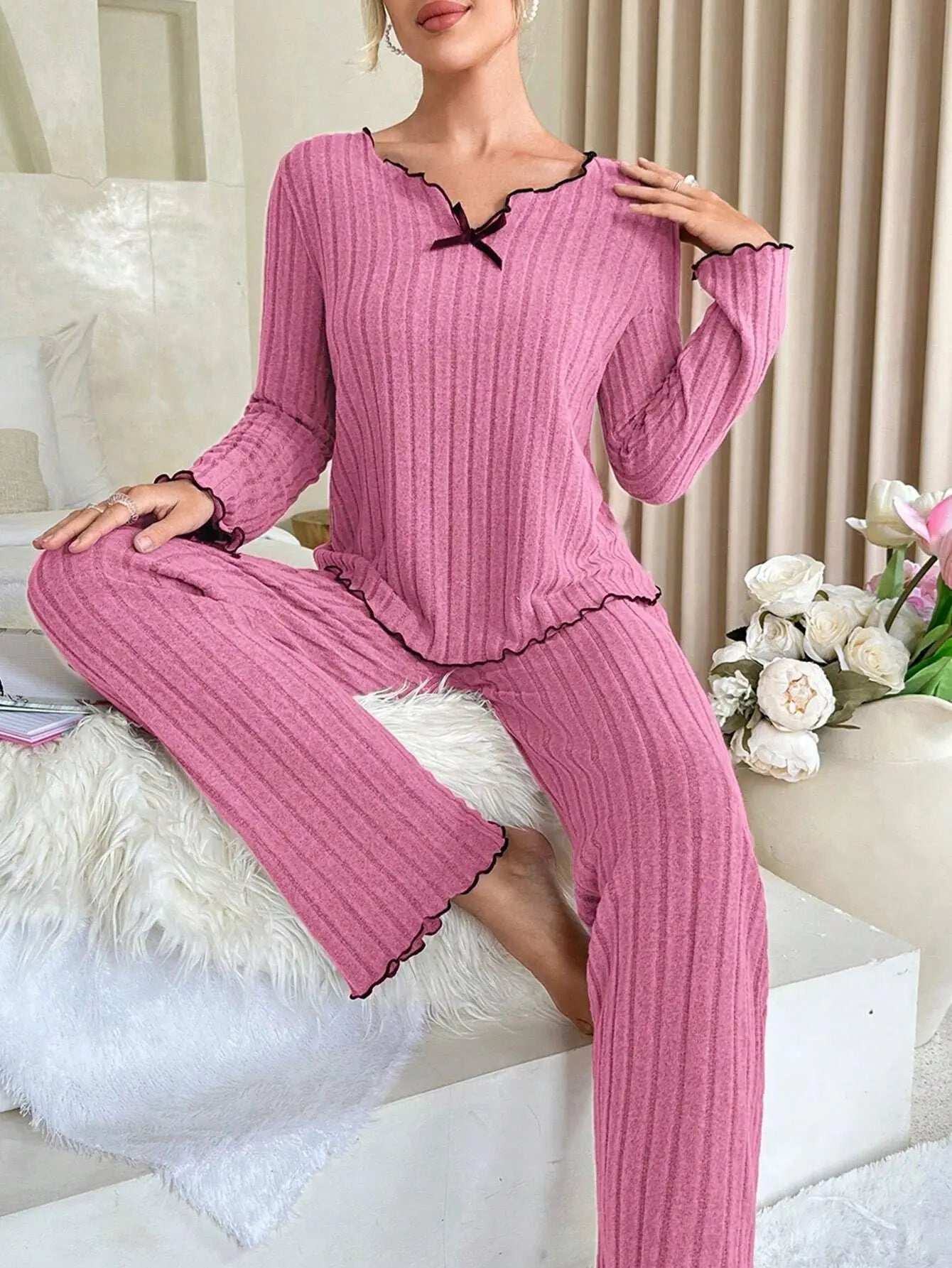 KAELAH Flannel Warm Sleepwear Women Casual Pajamas Set Loungewear