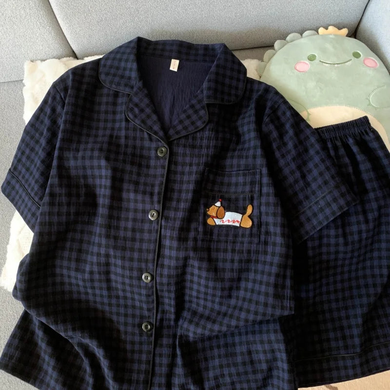 KAELAH Embroidery Dog Sweet Fashion Cute Pajamas Set for Women Plaid Lapel