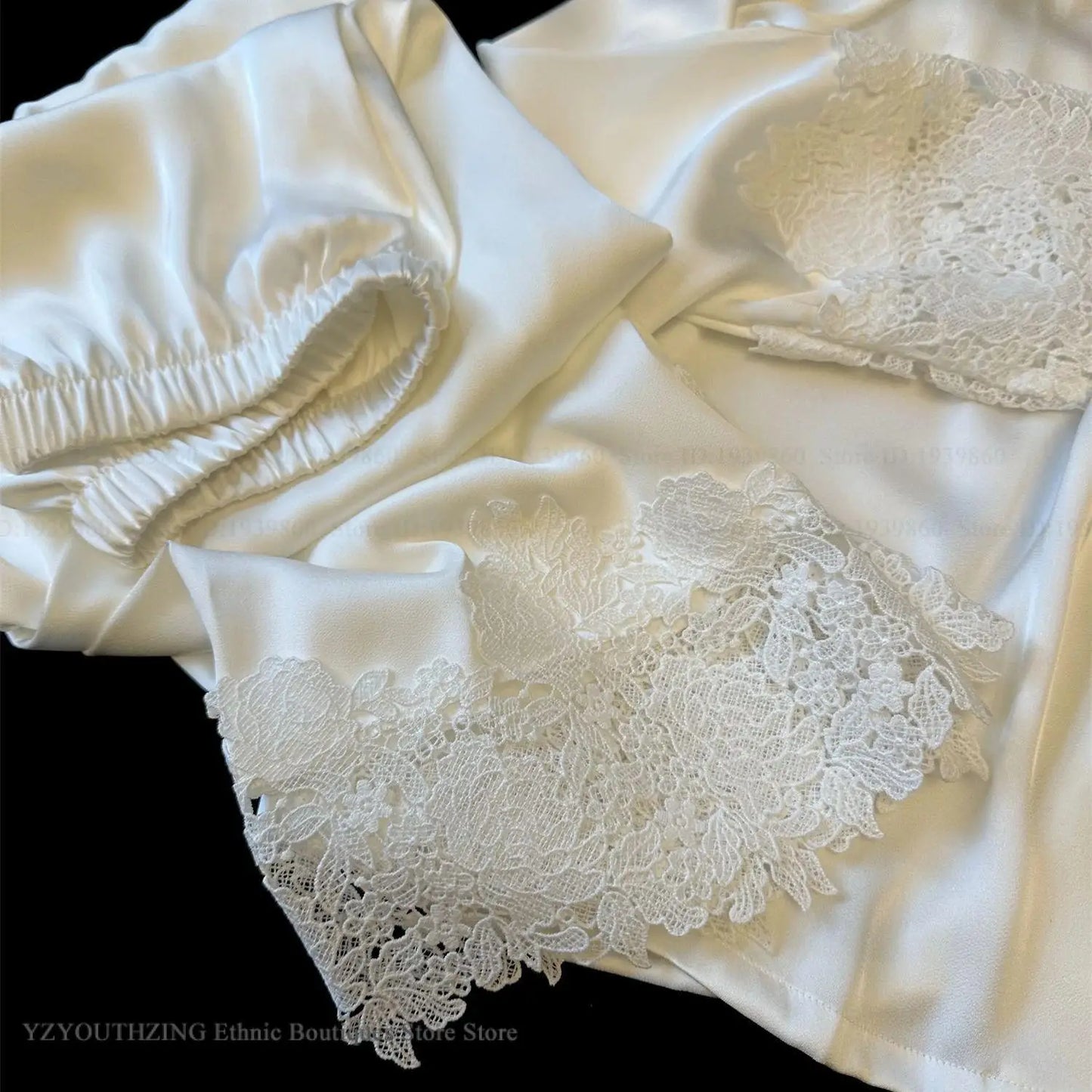 KAELAH Set White Satin Lace Trim Bride Wedding Sleepwear Homewear