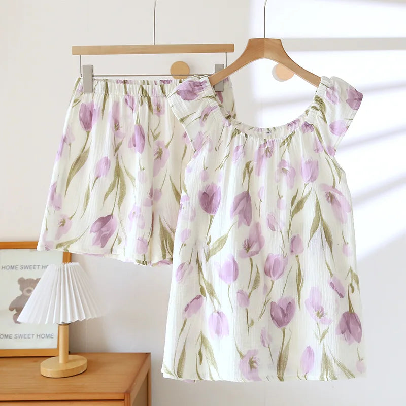 KAELAH Light New Summer Pajama Set Cotton Crepe Vest Loose