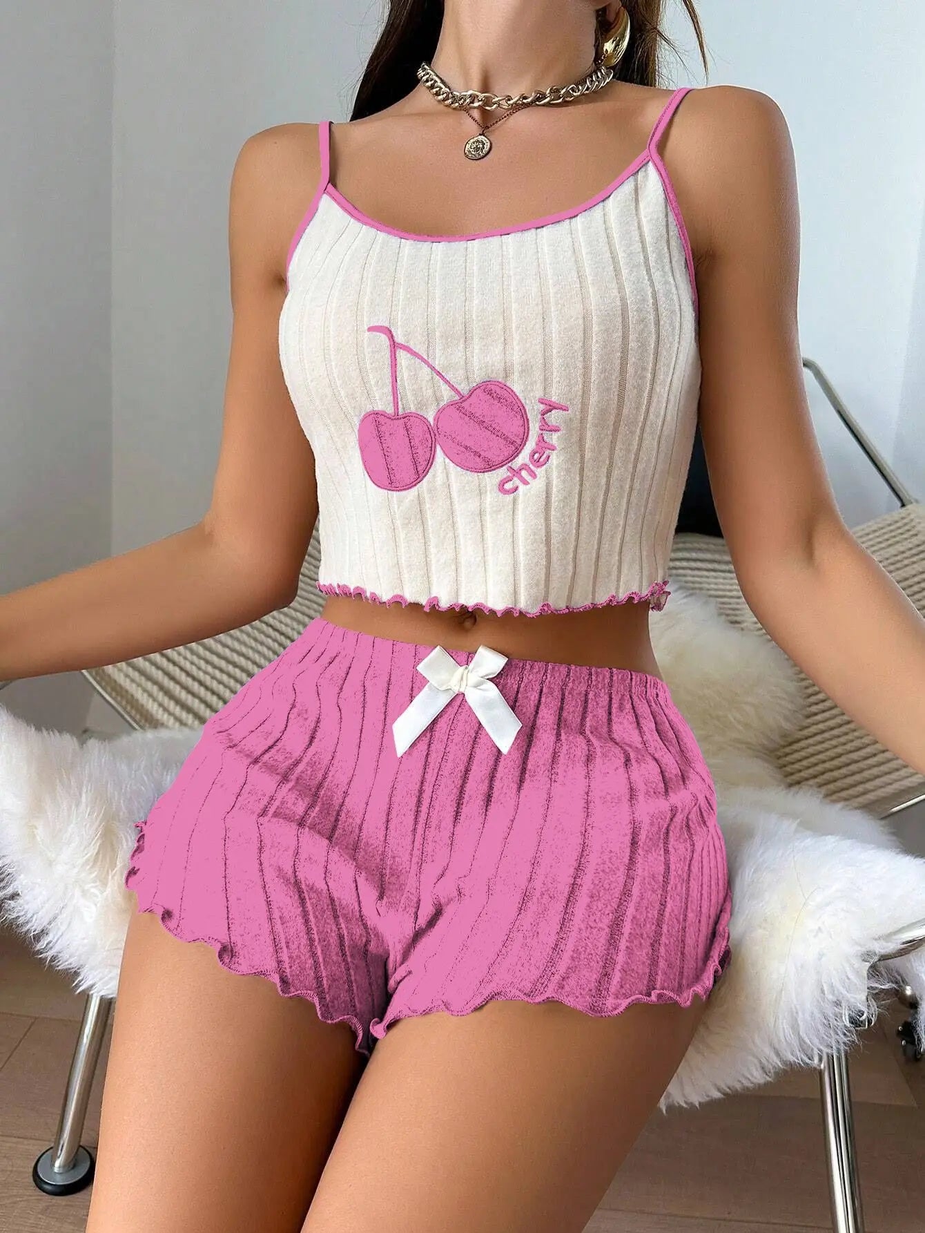 KAELAH Summer 2pcs Pajamas Set for Women Casual Simple Ground Wool Halter Vest