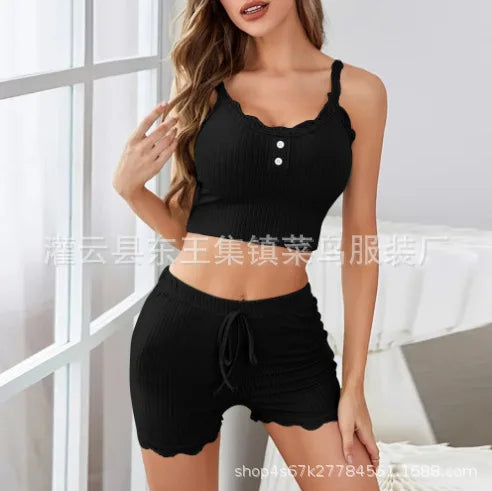 KAELAH Lace Trim Three-Piece Set Slim Fit Home Clothes Nightgown