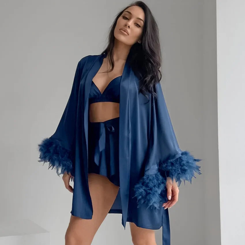 KAELAH Shorts Nightgown Three-piece Set, Imitation Silk, Loungewear, Feather Pajamas