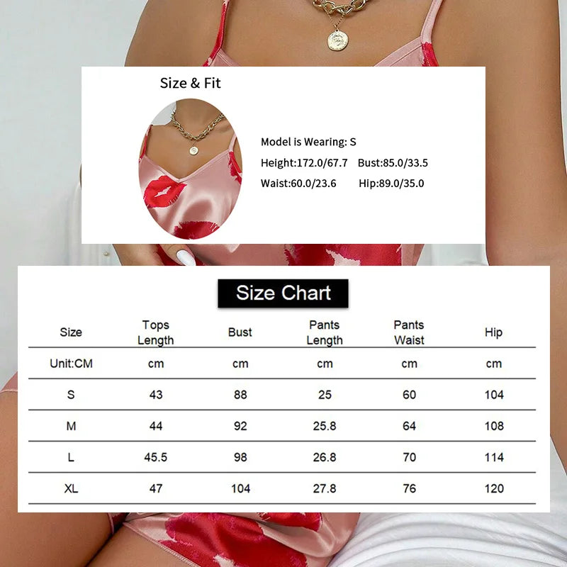 KAELAH Cute Kiss Print Satin Pajama Set V Neck Cami Top