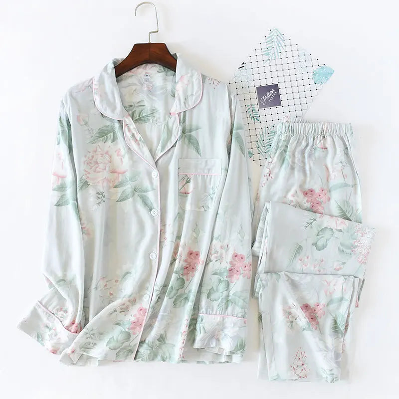 KAELAH cute cartoon floral viscose fiber pajamas two-piece long-sleeved home cotton
