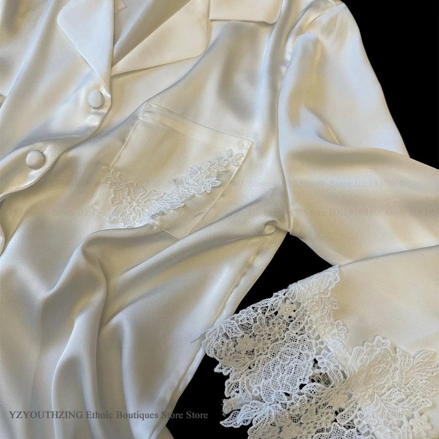 KAELAH Set White Satin Lace Trim Bride Wedding Sleepwear Homewear