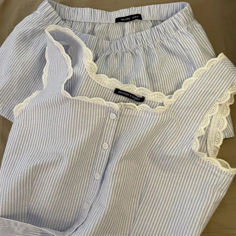 KAELAH Striped Women Pajamas Summer Sleepwear Sleeveless Shorts Sets 2 Pieces Lace