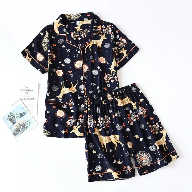 KAELAH cute cartoon floral viscose fiber pajamas two-piece long-sleeved home cotton