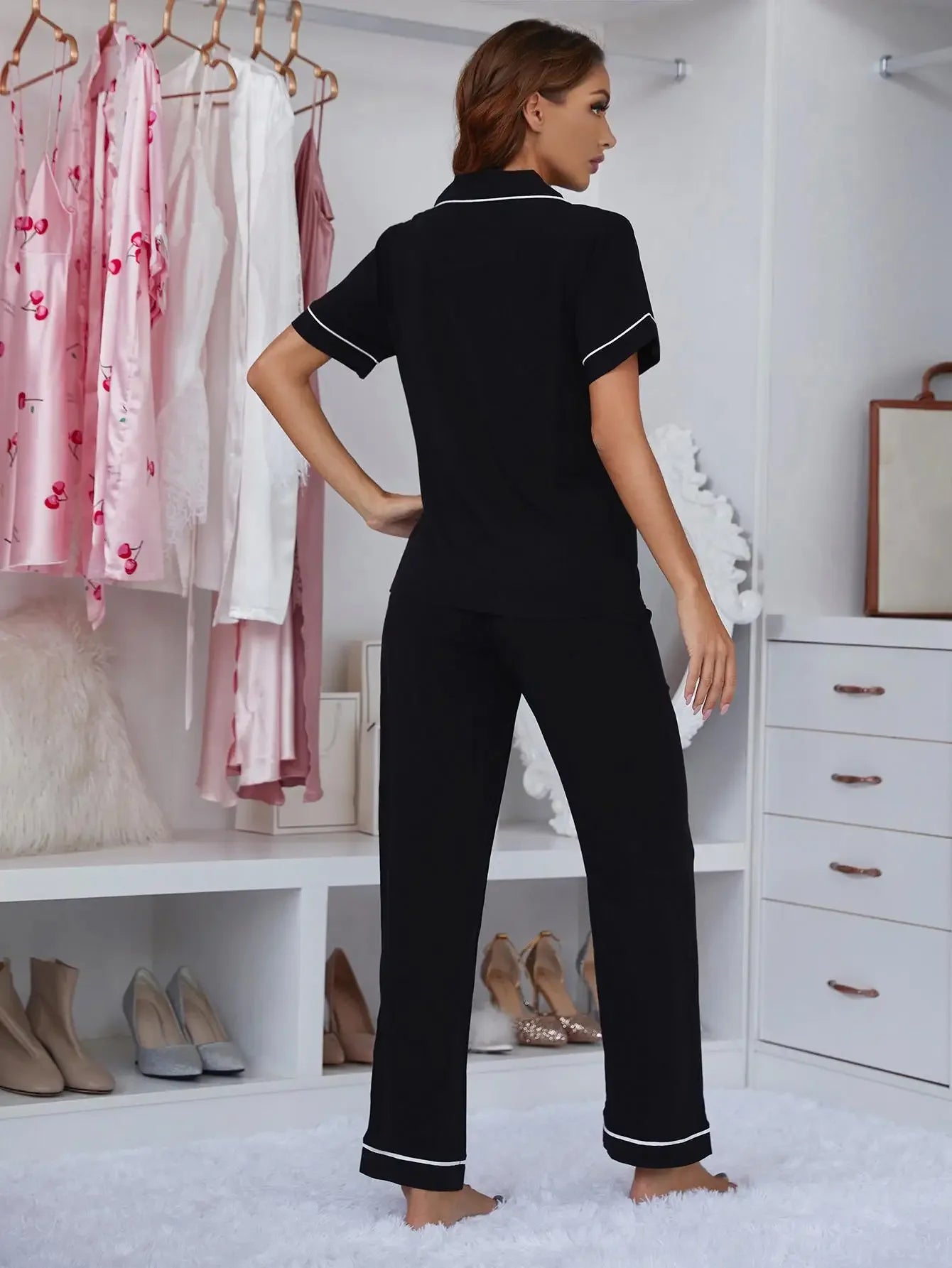 KAELAH Notched Collar Women's Pajamas Set Short Sleeves Black Solid