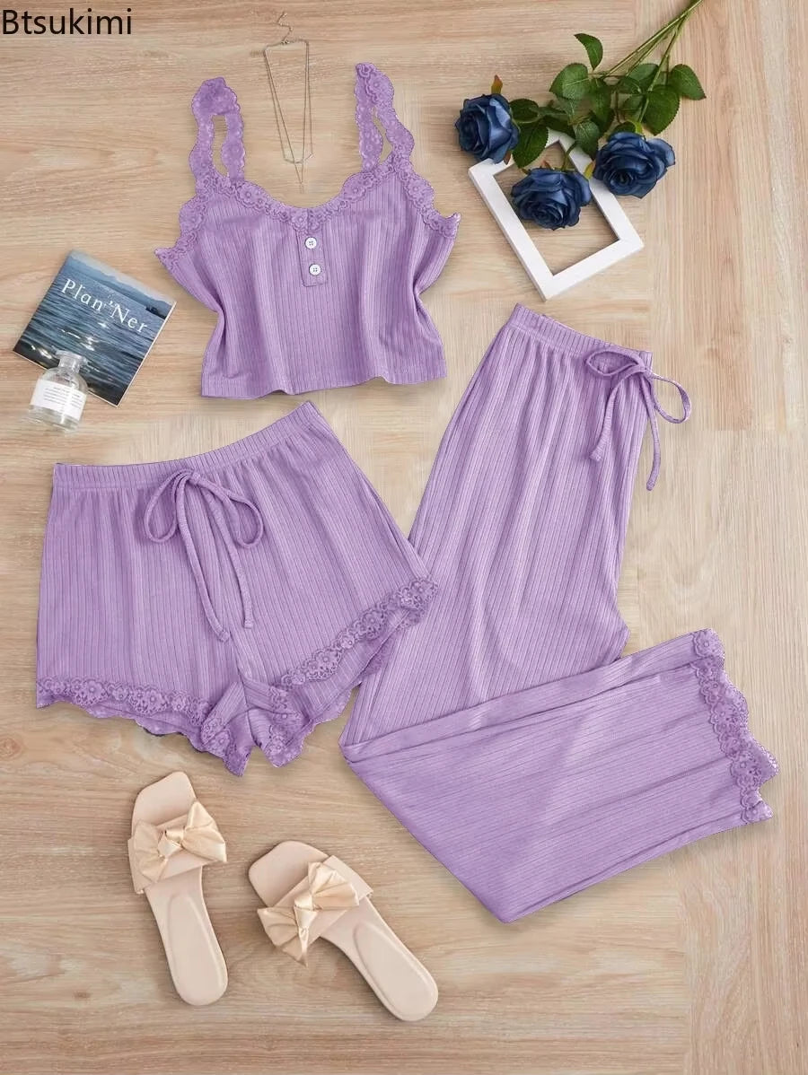 KAELAH Summer 3PCS Pajama Sets Solid Vest Shorts and Pants Paired