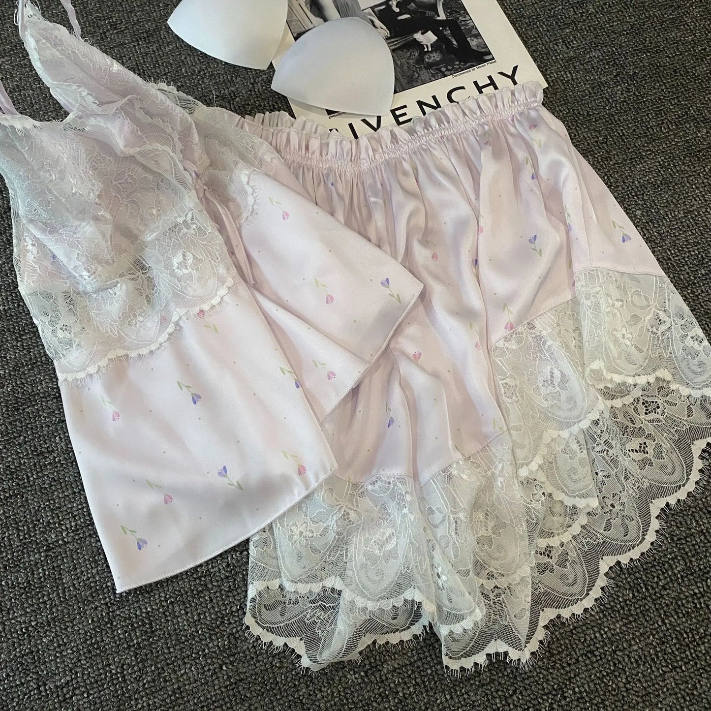 KAELAH Lingerie Two Piece Lace Sleepwear Set Sexy Sleeveless Pijamas Suit Satin