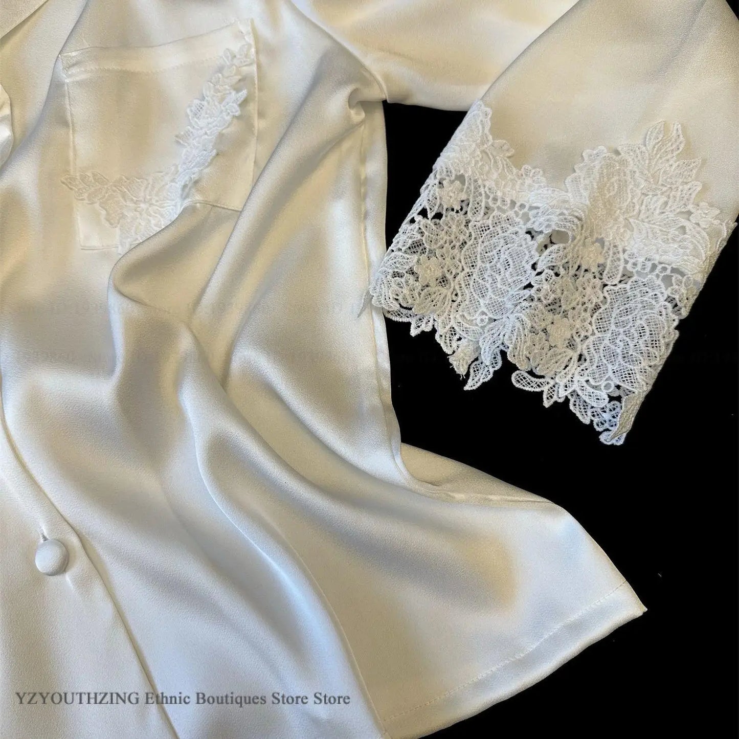 KAELAH Set White Satin Lace Trim Bride Wedding Sleepwear Homewear