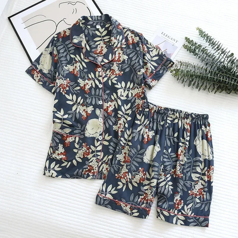 KAELAH cute cartoon floral viscose fiber pajamas two-piece long-sleeved home cotton