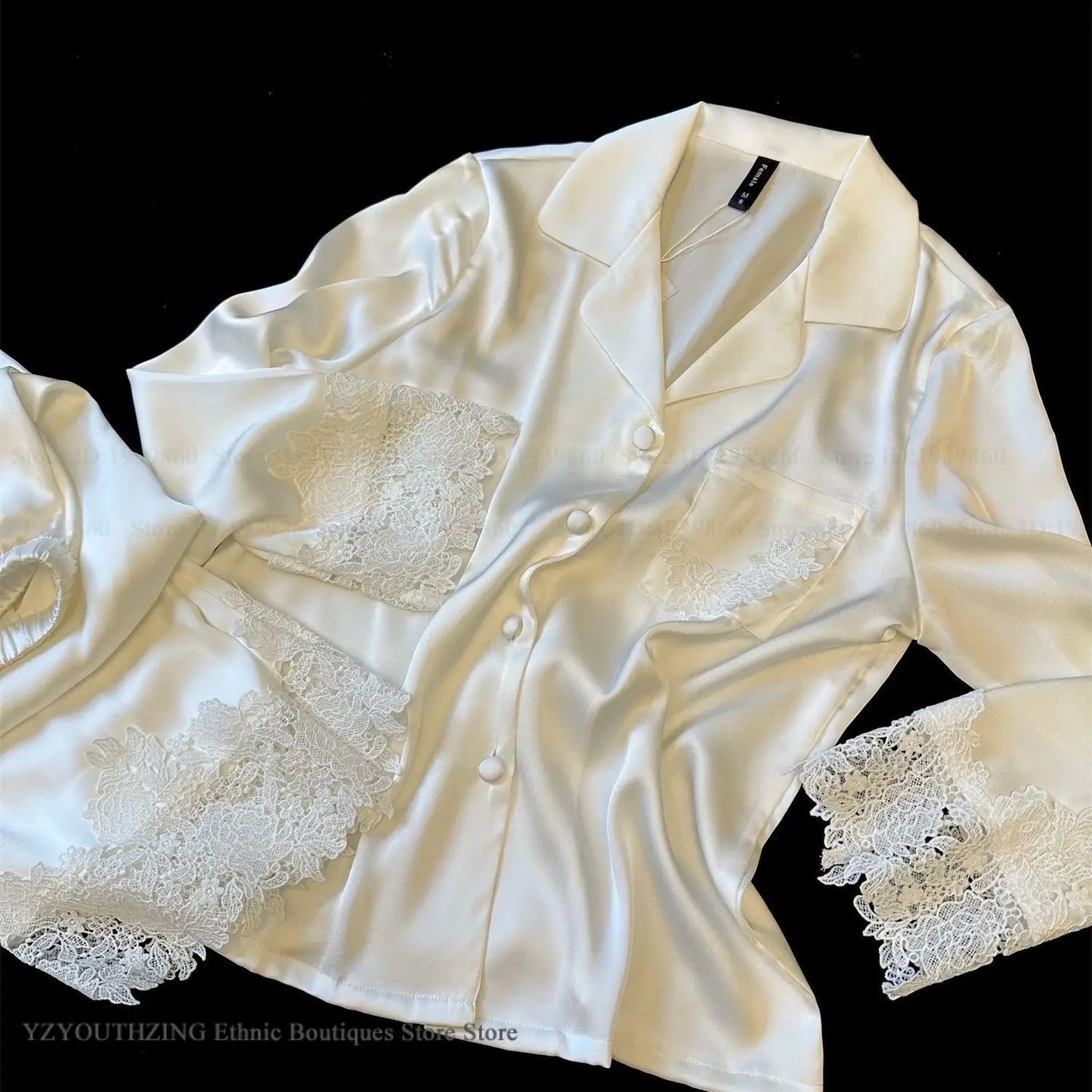 KAELAH Set White Satin Lace Trim Bride Wedding Sleepwear Homewear