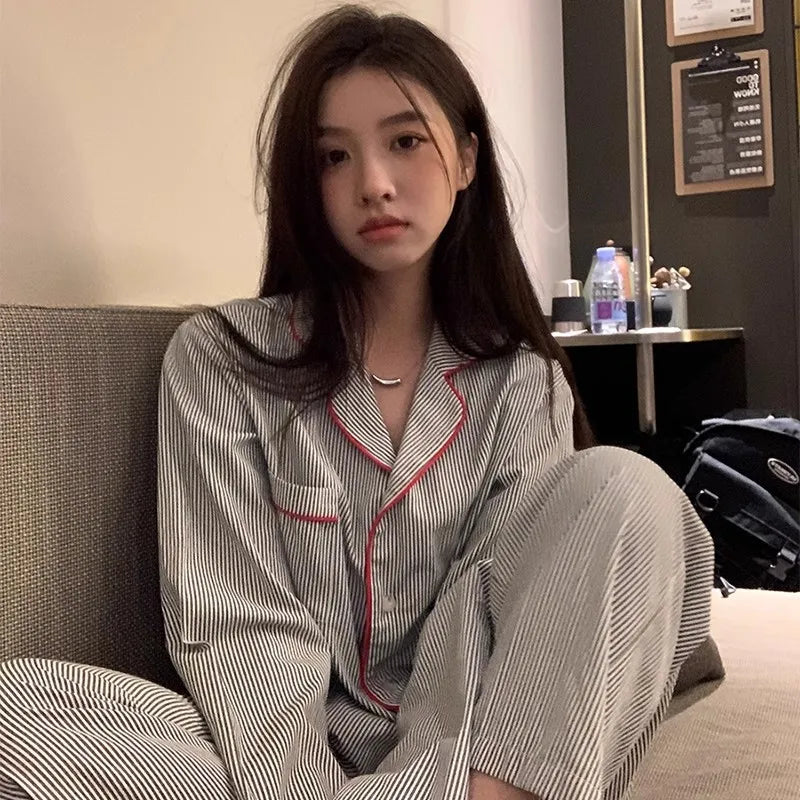 KALEAH  Spring and Summer Long Sleeve Long Pants Two Piece Suit Striped Nightwear