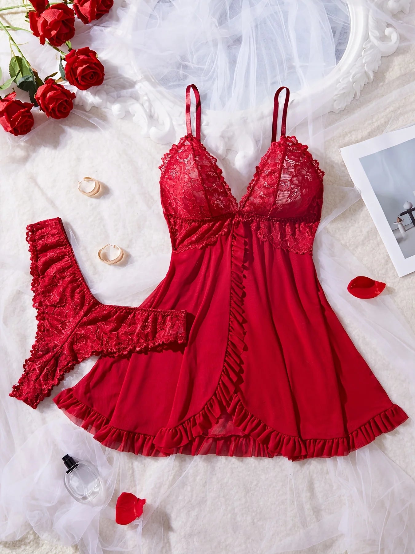 KAELAH Sexy Lace Lingerie Set for Women, Red Hot Sleepwear Nightdress