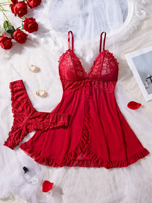 KAELAH Sexy Lace Lingerie Set for Women, Red Hot Sleepwear Nightdress