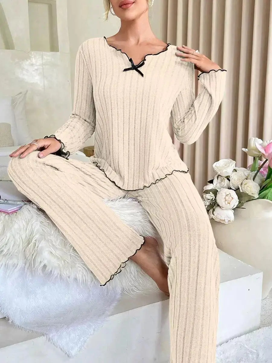 KAELAH Sleepwear Ribbed Pajamas Set Long Sleeve Top and Long Pants