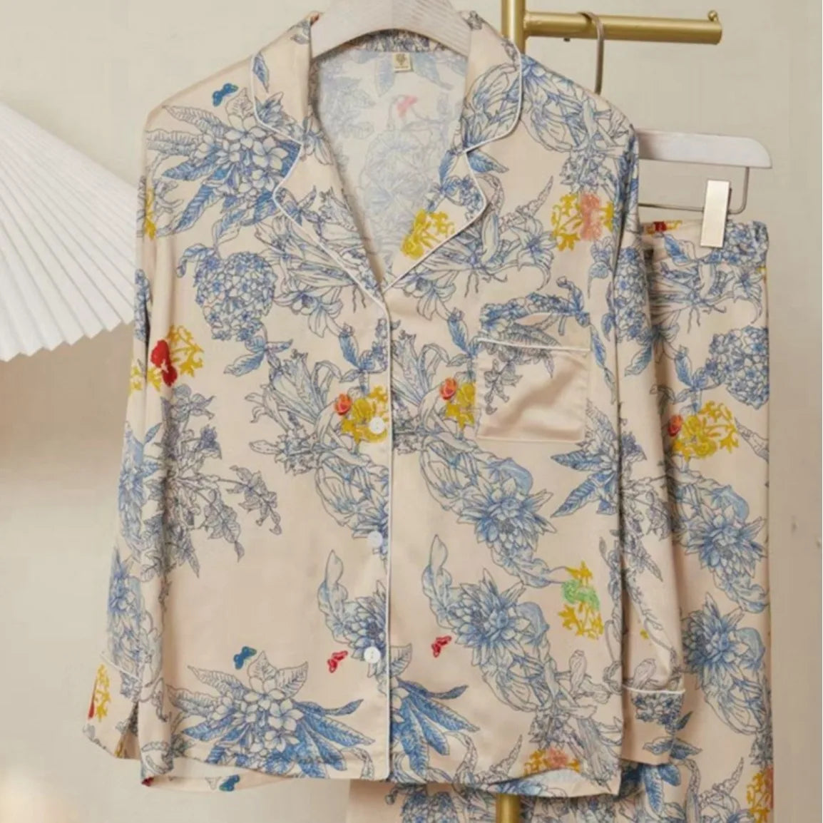 KAELAH Print Design Ice Silk Pajamas Women's Spring Summer Long Sleeves