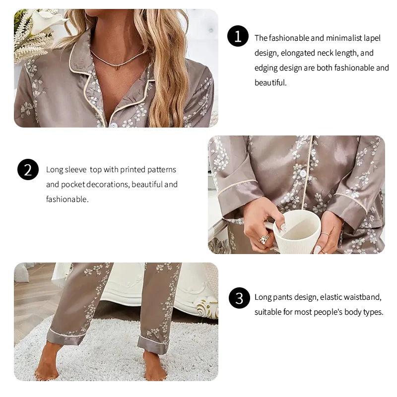 KAELAH Satin Floral Pajama Casual Sleepwear Home Clothes Suit Long Sleeve Button Up