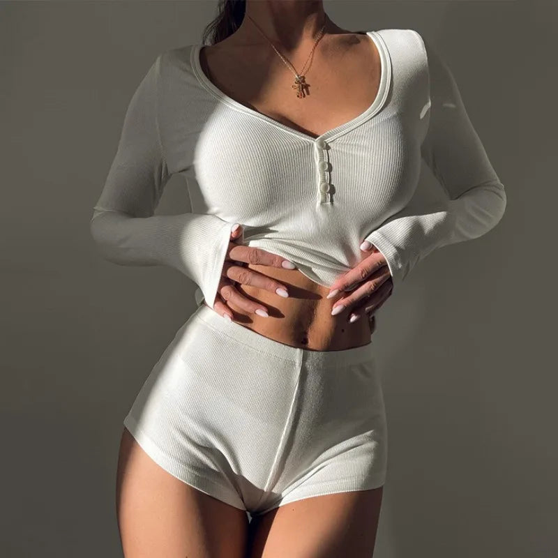 KAELAH V Neck Button Down Cropped Tops Sexy Bodycon Loungewear