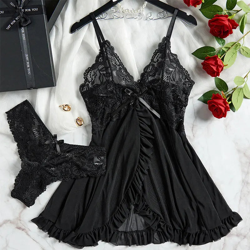 KAELAH Cute Suspender Summer Ultra-thin Nightgown Lace Thong Sets Women's Sexy Pyjamas Lingerie