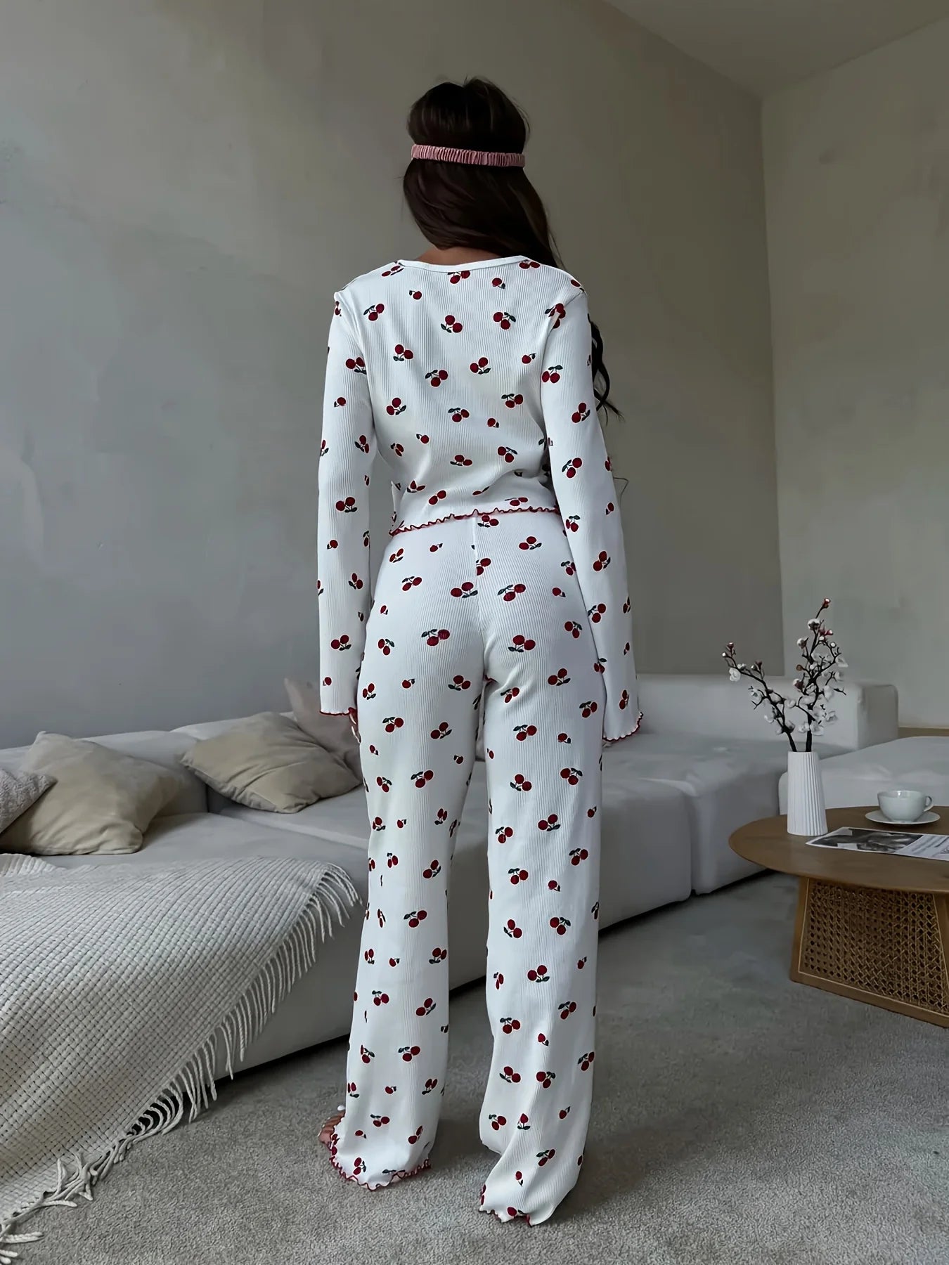 KAELAH Cherry Print Cuffed-Long-Sleeve Tops and Long Trousers Sleepwear