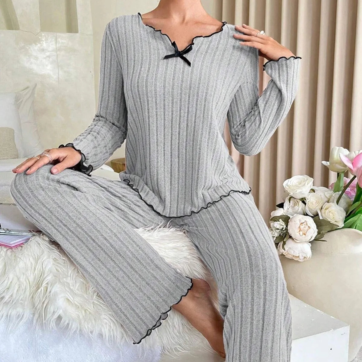 KAELAH Sleepwear Ribbed Pajamas Set Long Sleeve Top and Long Pants